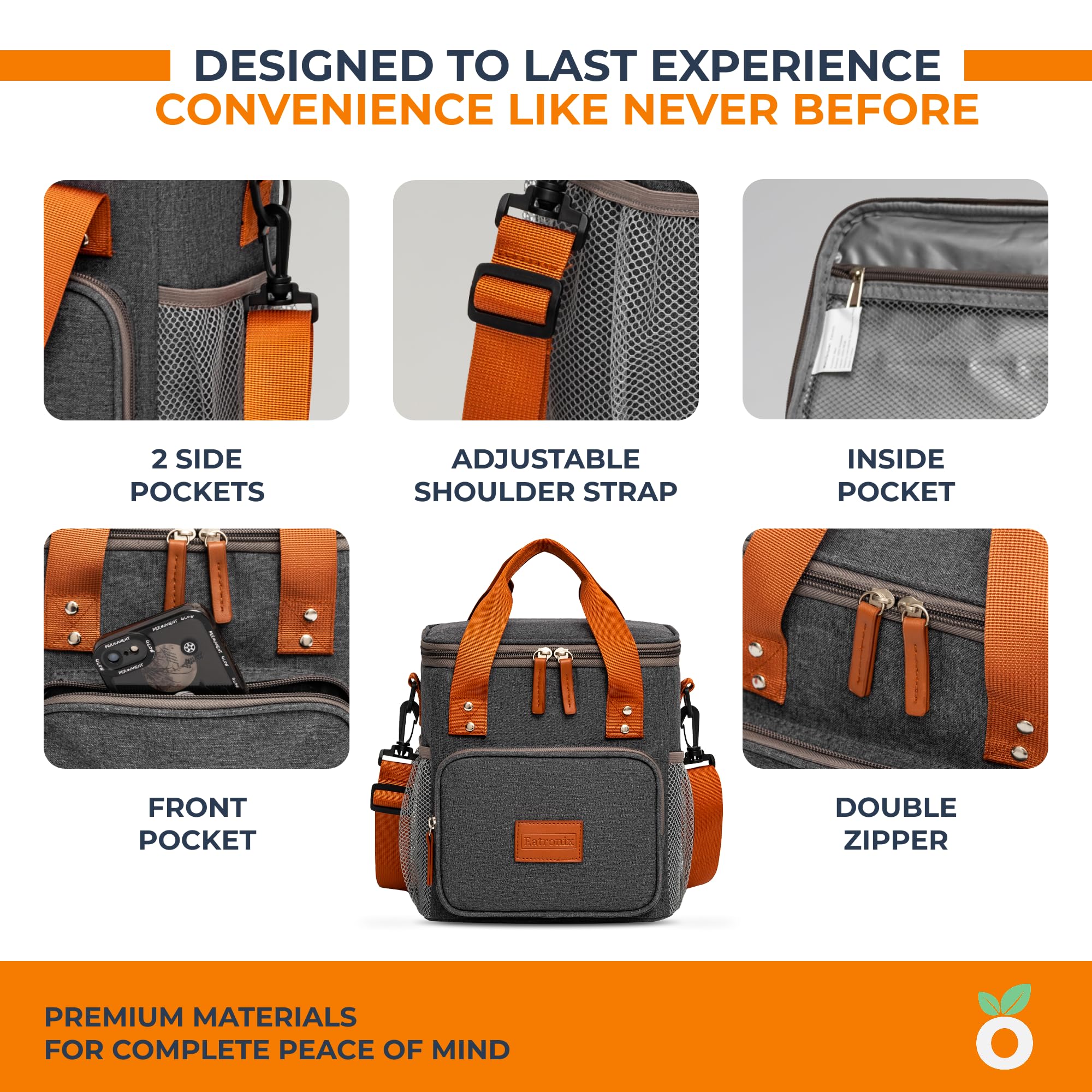 Eatronix Insulated Lunch Bag Waterproof Cooler Bag Adjustable Strap Gray 8L