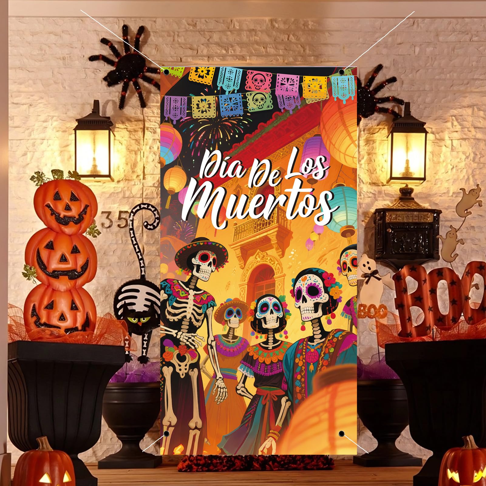 Day of The Dead Door Cover Sugar Skull Flowers Multi-colored 03