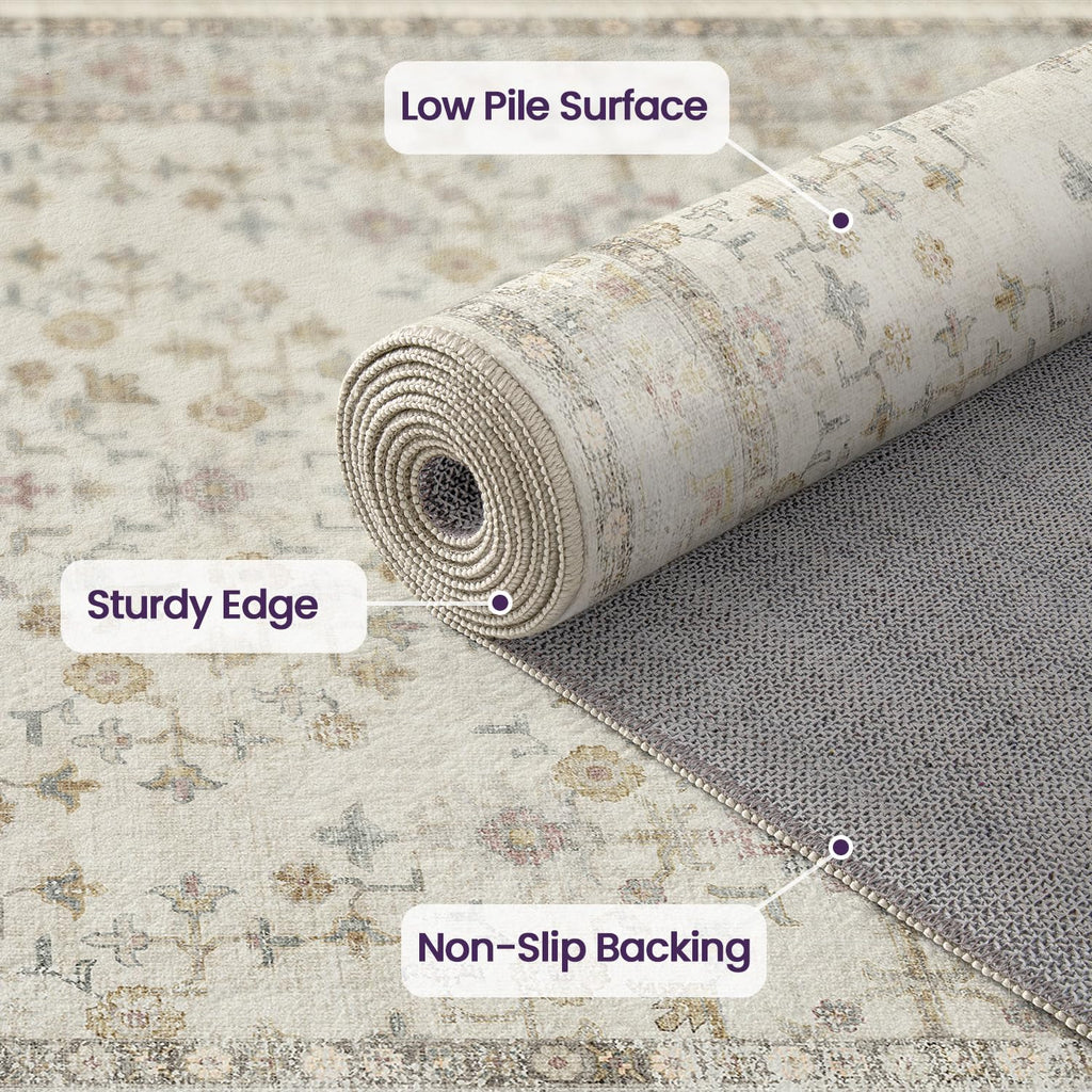 DEXI 4x6 Floral Washable Low Pile Area Rug Non Slip Blue Grey Polyester