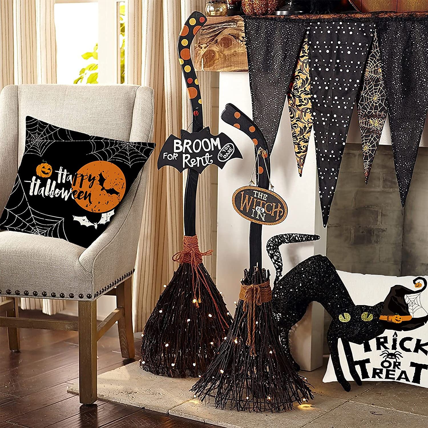 Sadaunbe Halloween Pillow Covers Set of 4 Black Orange 20x20 Inches Linen