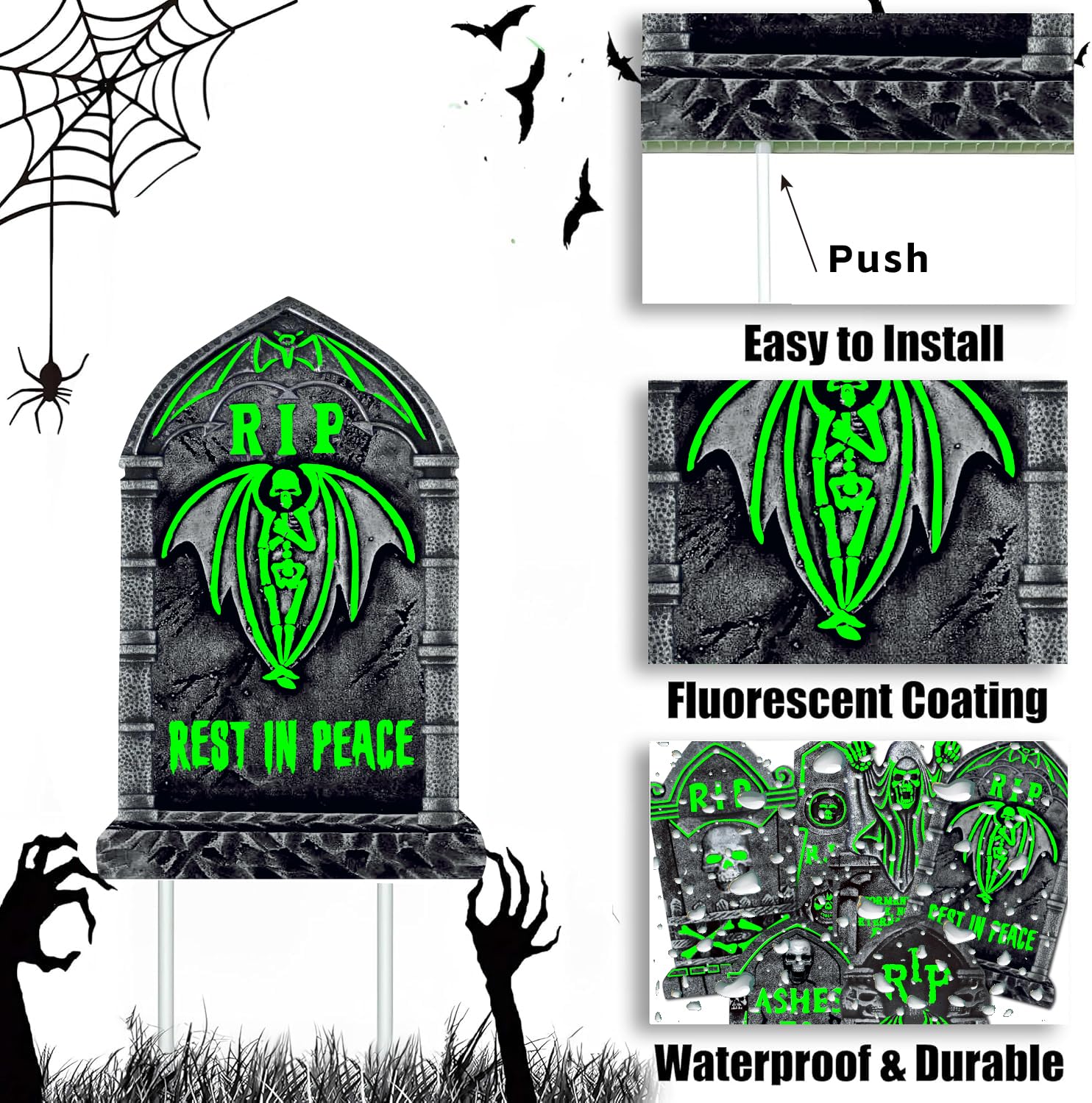 CiniQy Halloween Tombstones 6 Pack Light Up 16.5x11.5" Waterproof Outdoor Decor