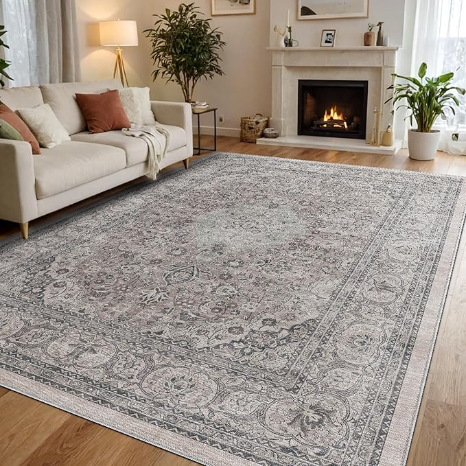 DEXI 4x6 Floral Washable Low Pile Area Rug Non Slip Blue Grey Polyester