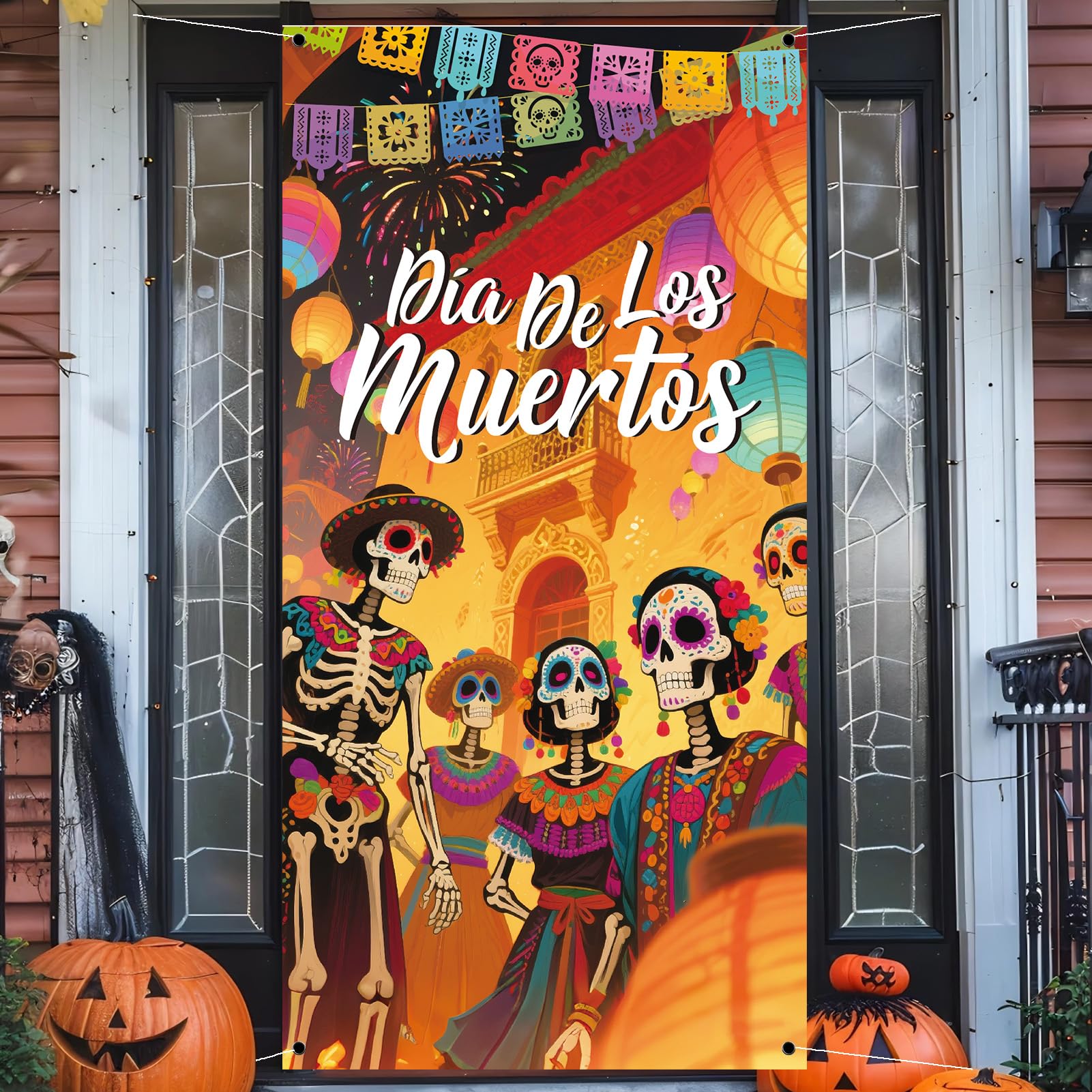 Day of The Dead Door Cover Sugar Skull Flowers Multi-colored 03
