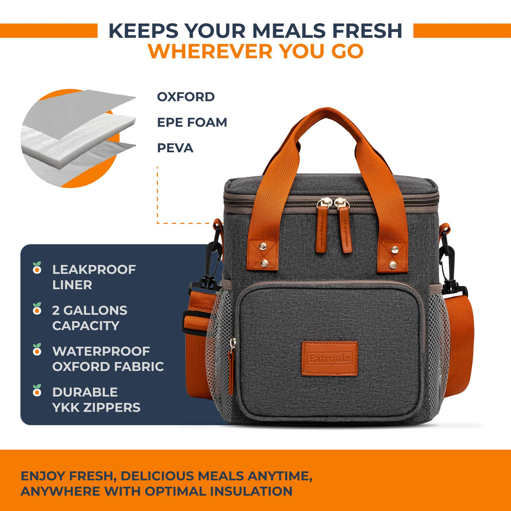 Eatronix Insulated Lunch Bag Waterproof Cooler Bag Adjustable Strap Gray 8L