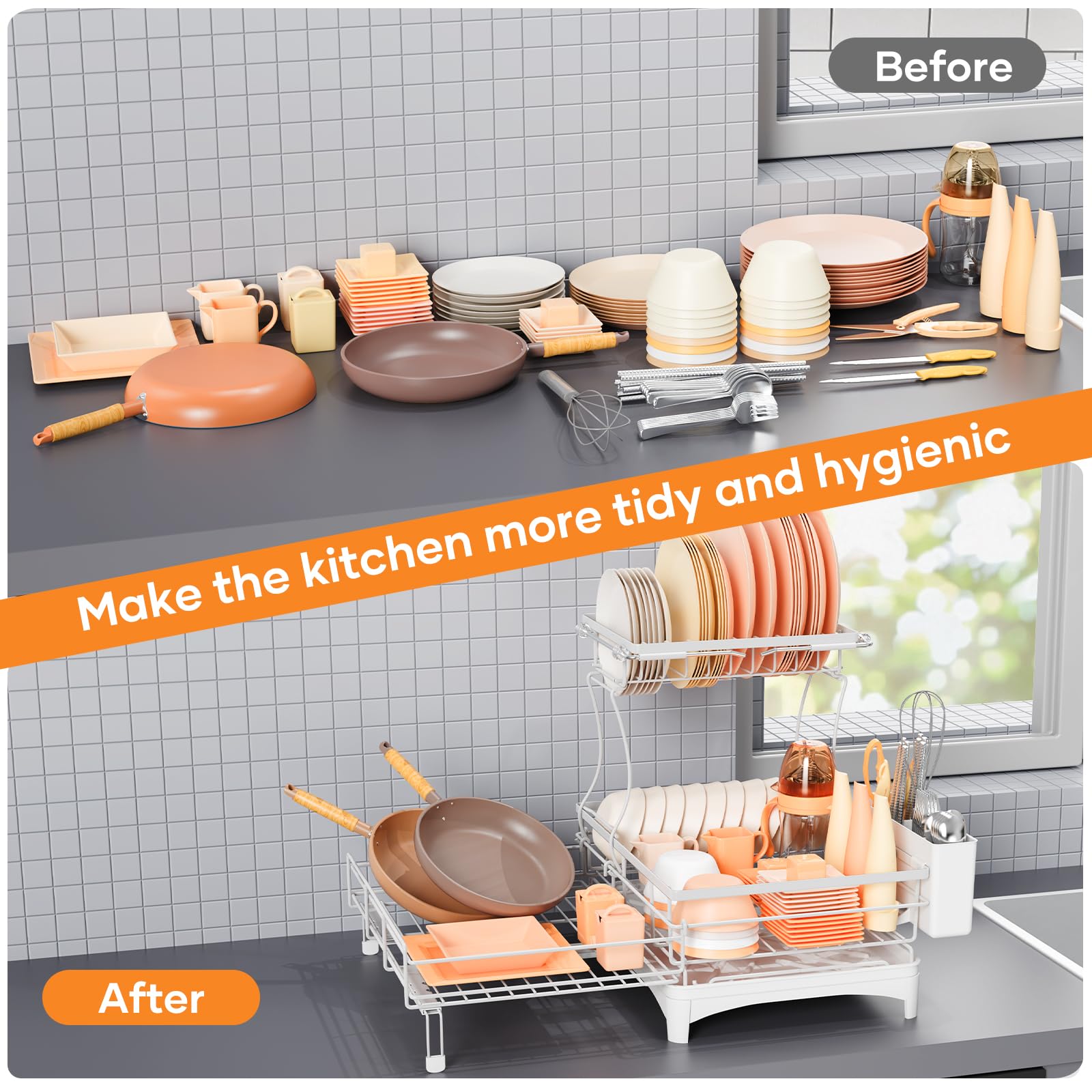 Gtyasm Extendable 2 Tier Dish Drying Rack Drainboard Cutlery Holder White Large