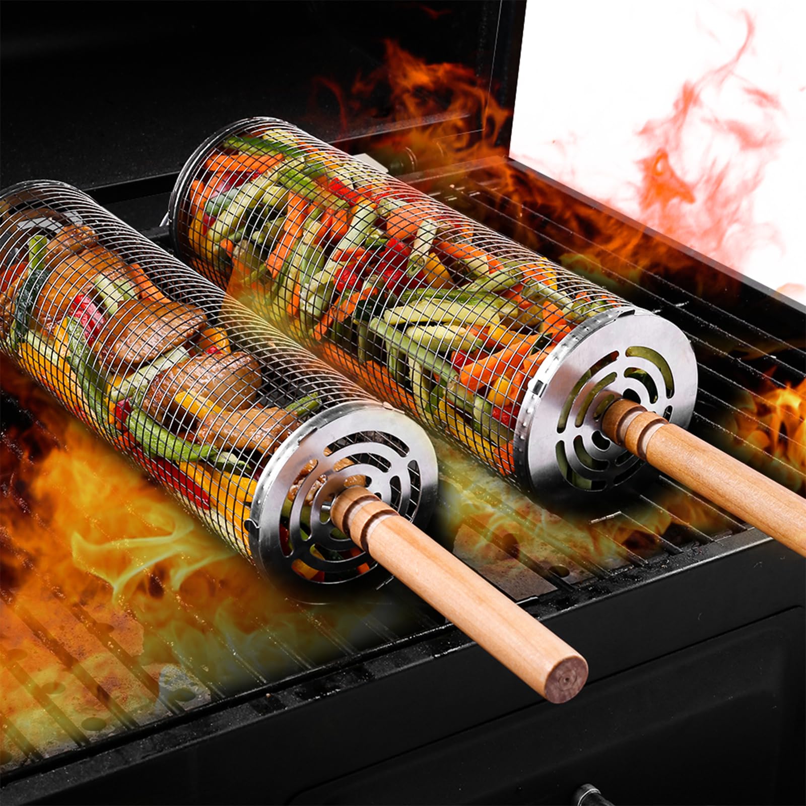 2 PCS Rolling Grill Baskets Stainless Steel BBQ Vegetable Fish Meat Grilling Set