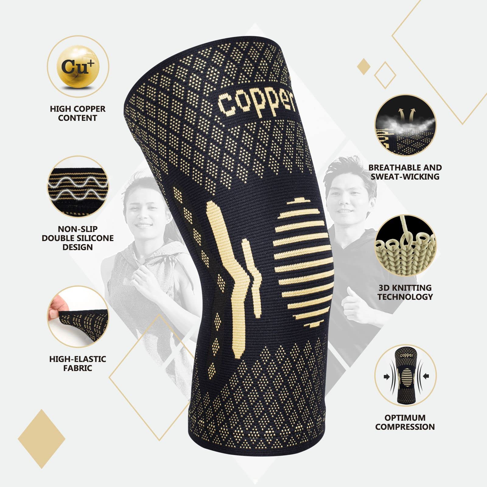 Lusenone Copper Knee Brace Compression Sleeve 2 Pack Copper-Black Size XL