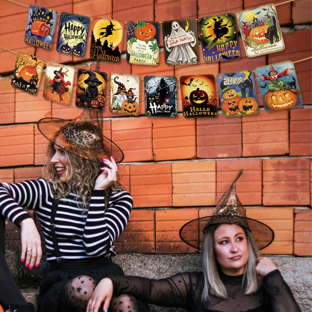 ICWJTGZ Vintage Halloween Banner 15 Pcs Retro Pumpkin Witch Paper Set A01