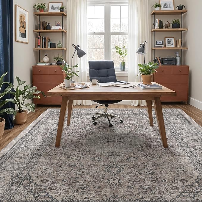 DEXI 4x6 Floral Washable Low Pile Area Rug Non Slip Blue Grey Polyester