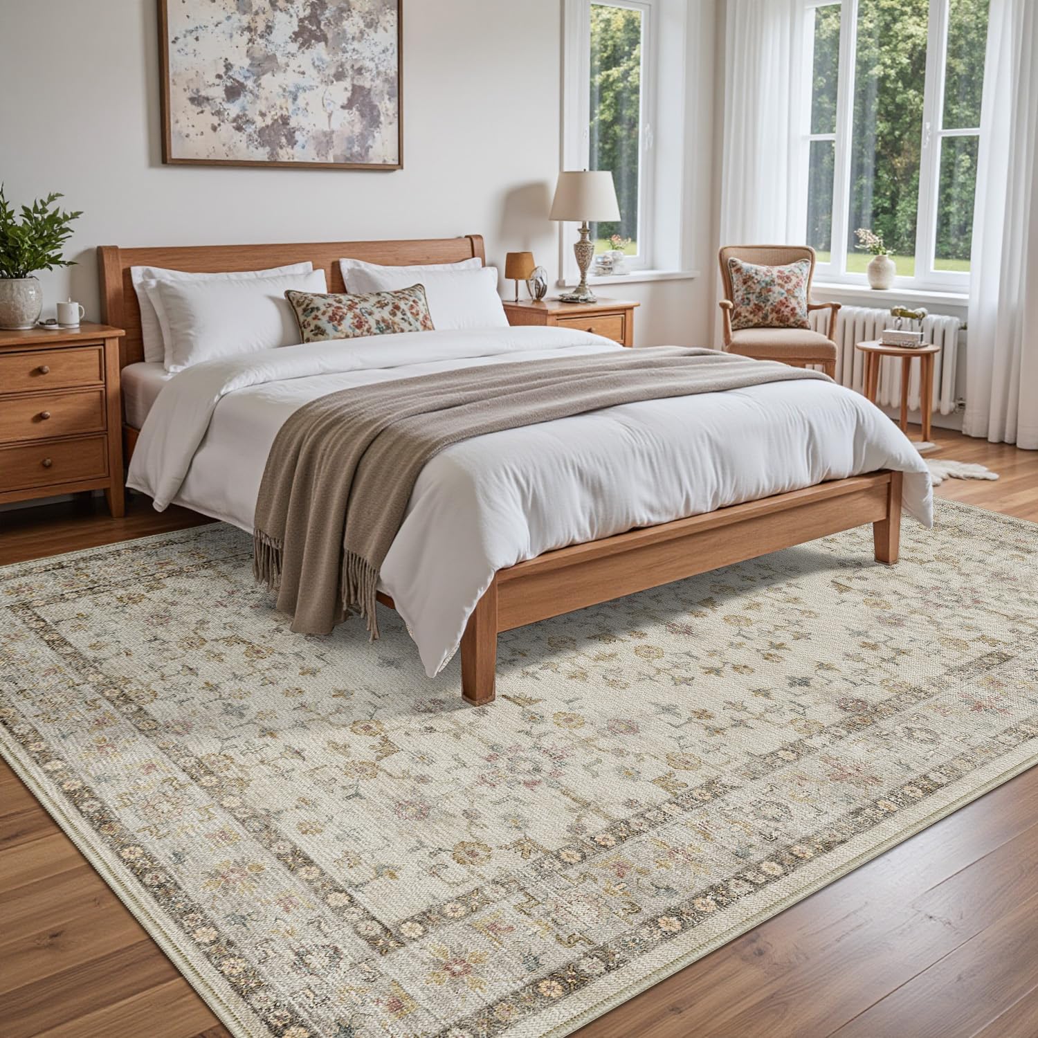 DEXI 4x6 Floral Washable Low Pile Area Rug Non Slip Blue Grey Polyester