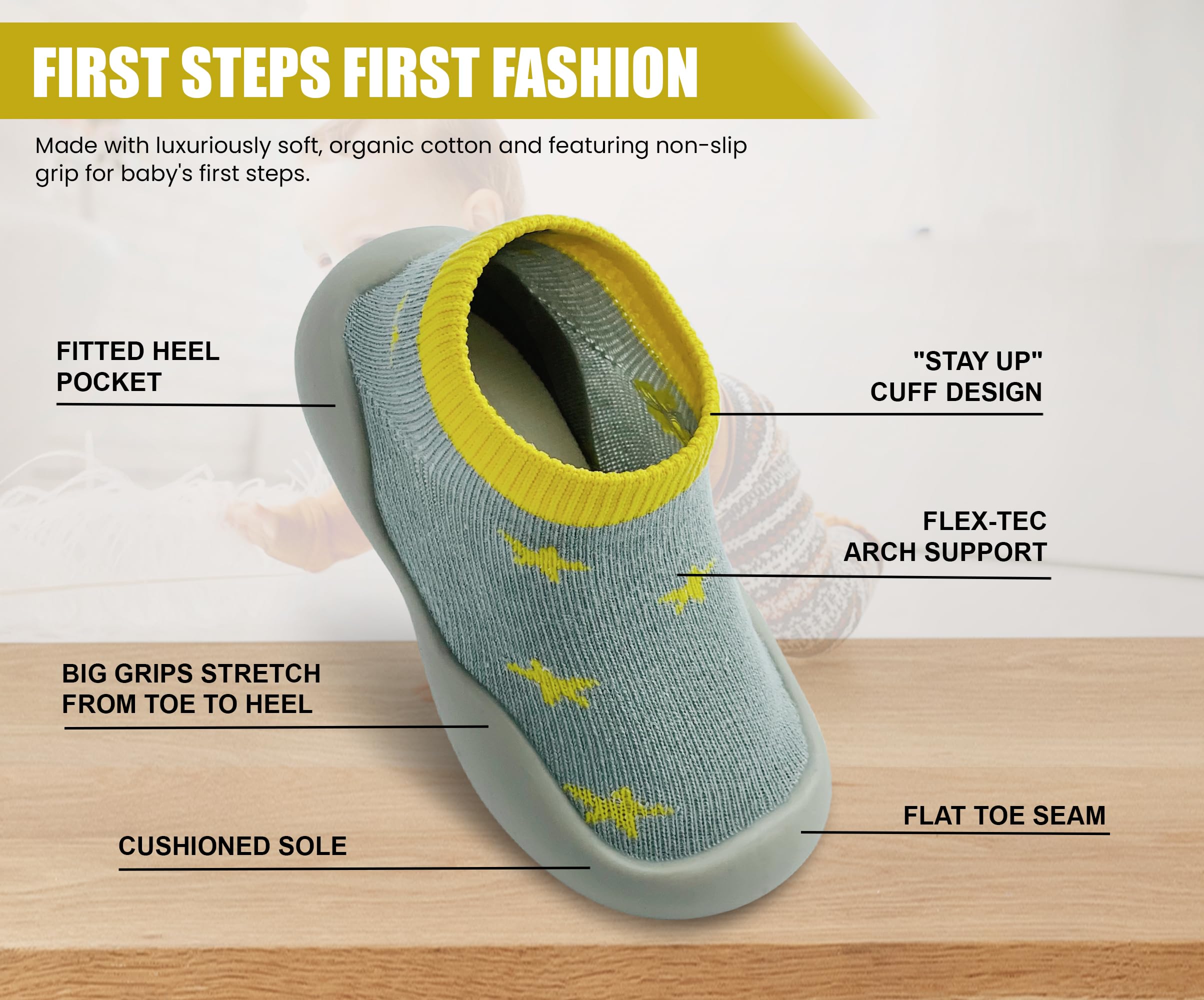 Dookeh Baby First Walking Shoes Non Slip Soft Sole Sneakers Yellow Toddler12-18M