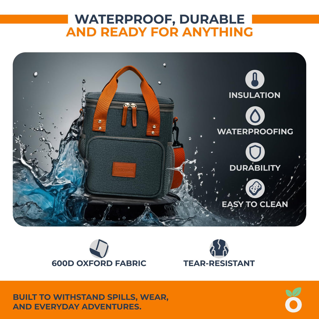 Eatronix Insulated Lunch Bag Waterproof Cooler Bag Adjustable Strap Gray 8L