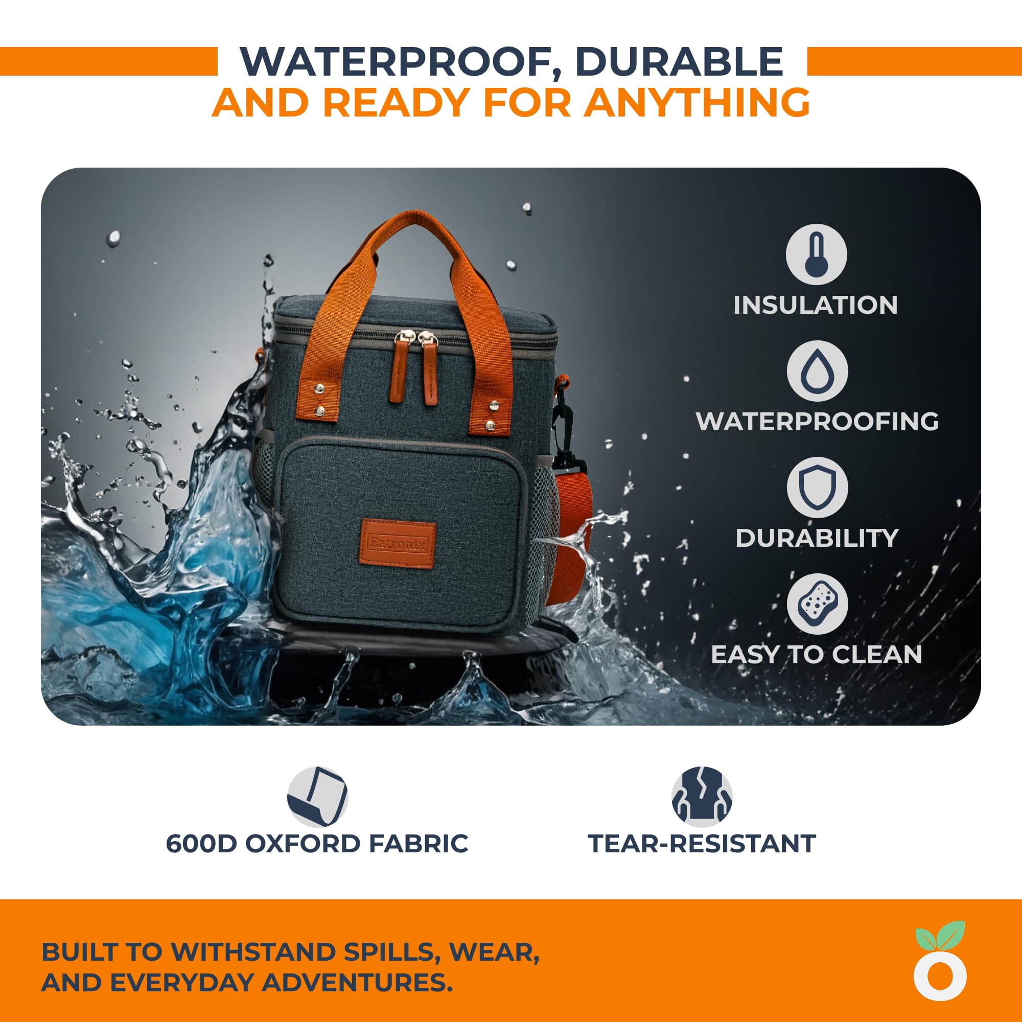 Eatronix Insulated Lunch Bag Waterproof Cooler Bag Adjustable Strap Gray 8L