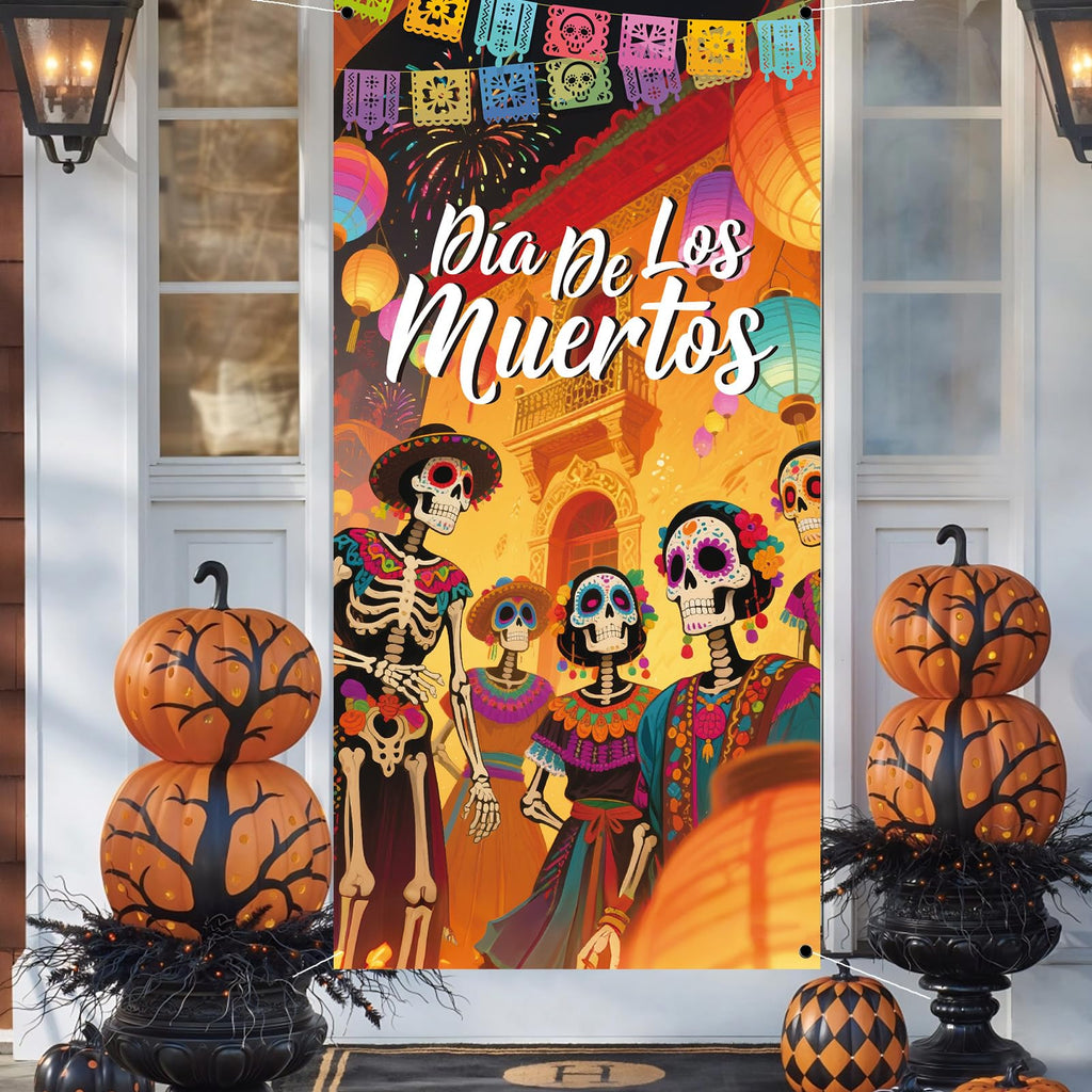 Day of The Dead Door Cover Sugar Skull Flowers Multi-colored 03