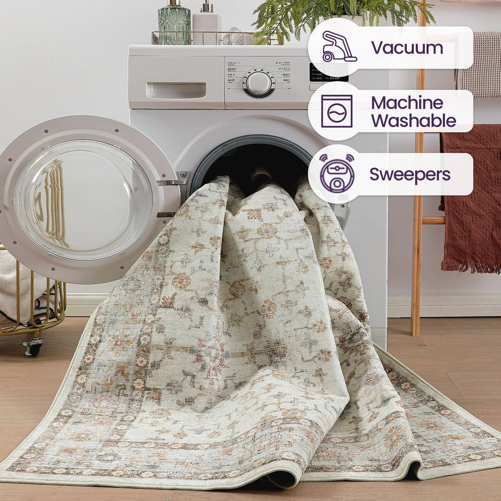 DEXI 4x6 Floral Washable Low Pile Area Rug Non Slip Blue Grey Polyester