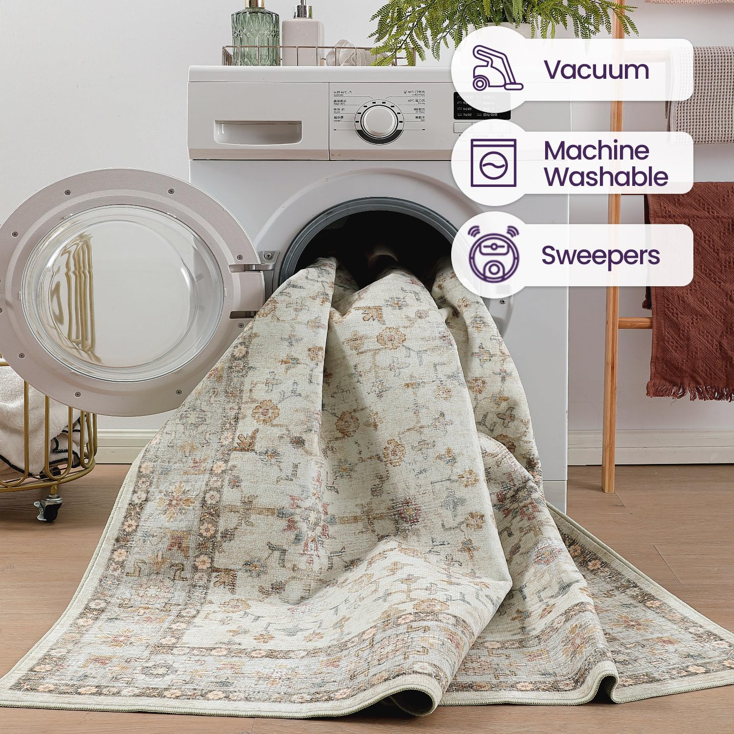 DEXI 4x6 Floral Washable Low Pile Area Rug Non Slip Blue Grey Polyester