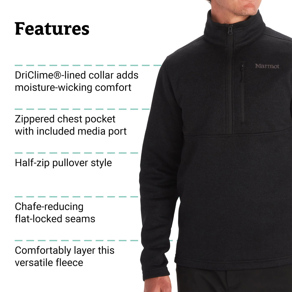 MARMOT Men's Drop Line 1/2 Zip Fleece Jacket Black Size L
