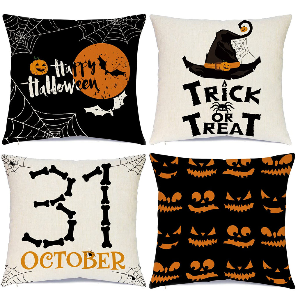 Sadaunbe Halloween Pillow Covers Set of 4 Black Orange 20x20 Inches Linen