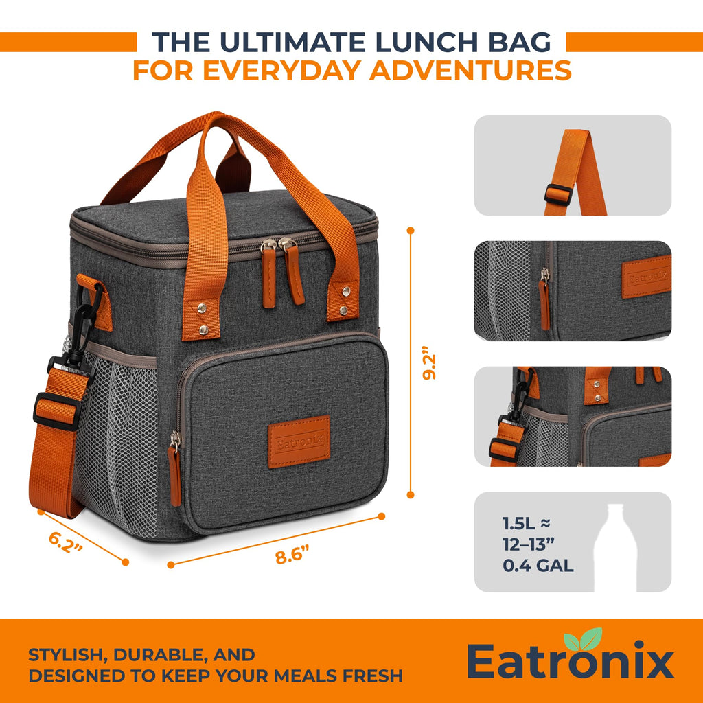 Eatronix Insulated Lunch Bag Waterproof Cooler Bag Adjustable Strap Gray 8L