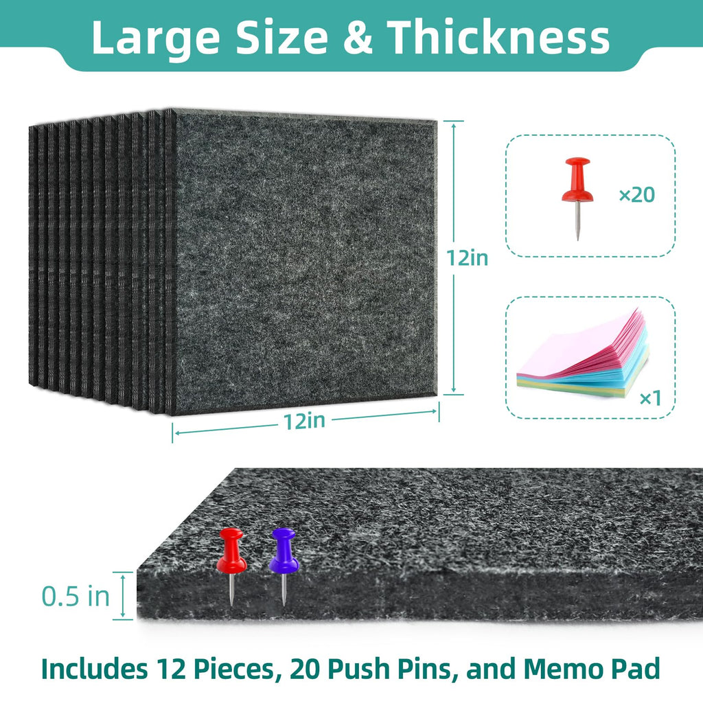 URMMIY Large Cork Board 12 Pack Felt Wall Tiles 47x35in Gray with Push Pins