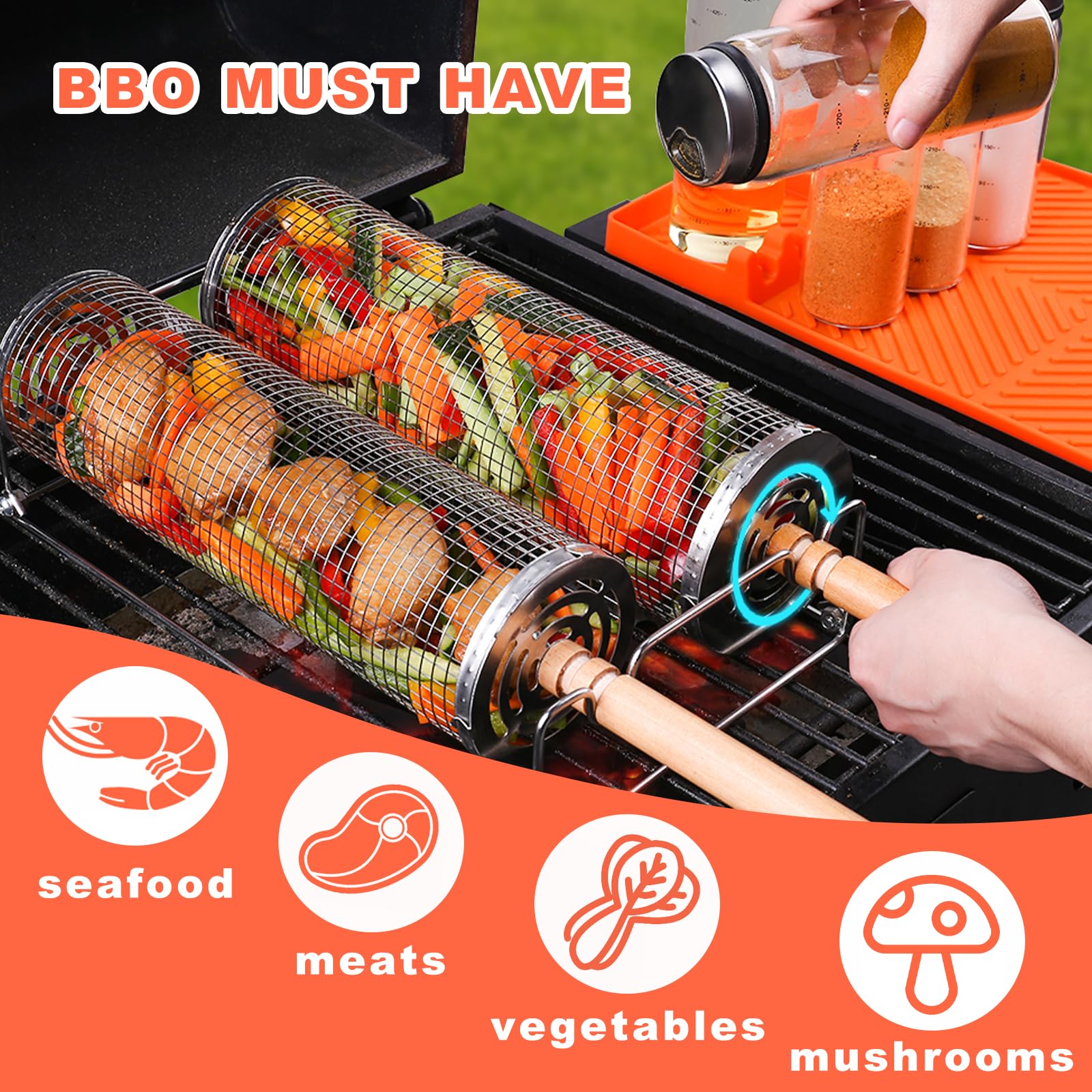 2 PCS Rolling Grill Baskets Stainless Steel BBQ Vegetable Fish Meat Grilling Set