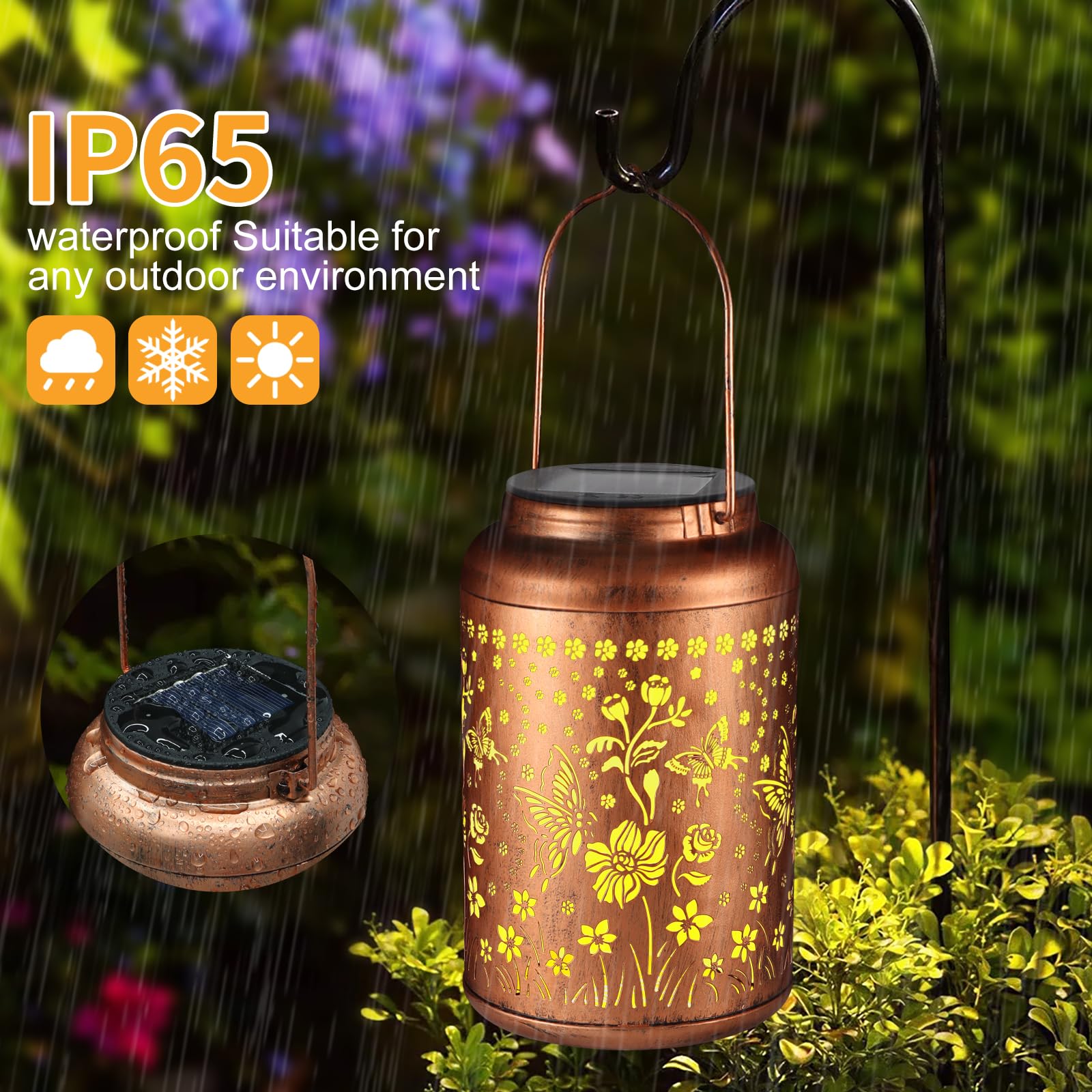 Doorkeer Solar Lantern Outdoor Hanging LED Waterproof Metal Butterfly Decor