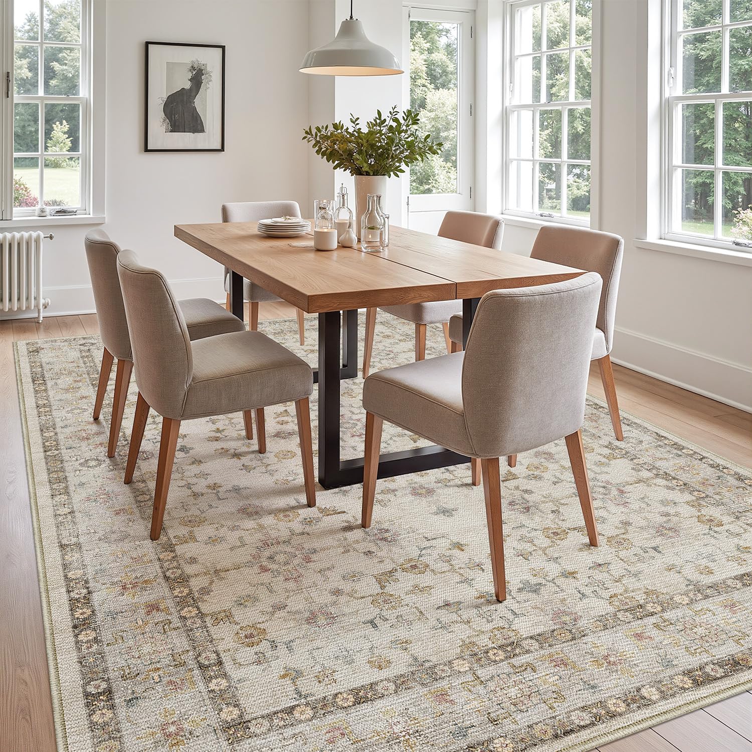 DEXI 4x6 Floral Washable Low Pile Area Rug Non Slip Blue Grey Polyester