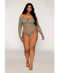 Plus Size Sage Green Long Sleeve Seamless Fishnet Teddy