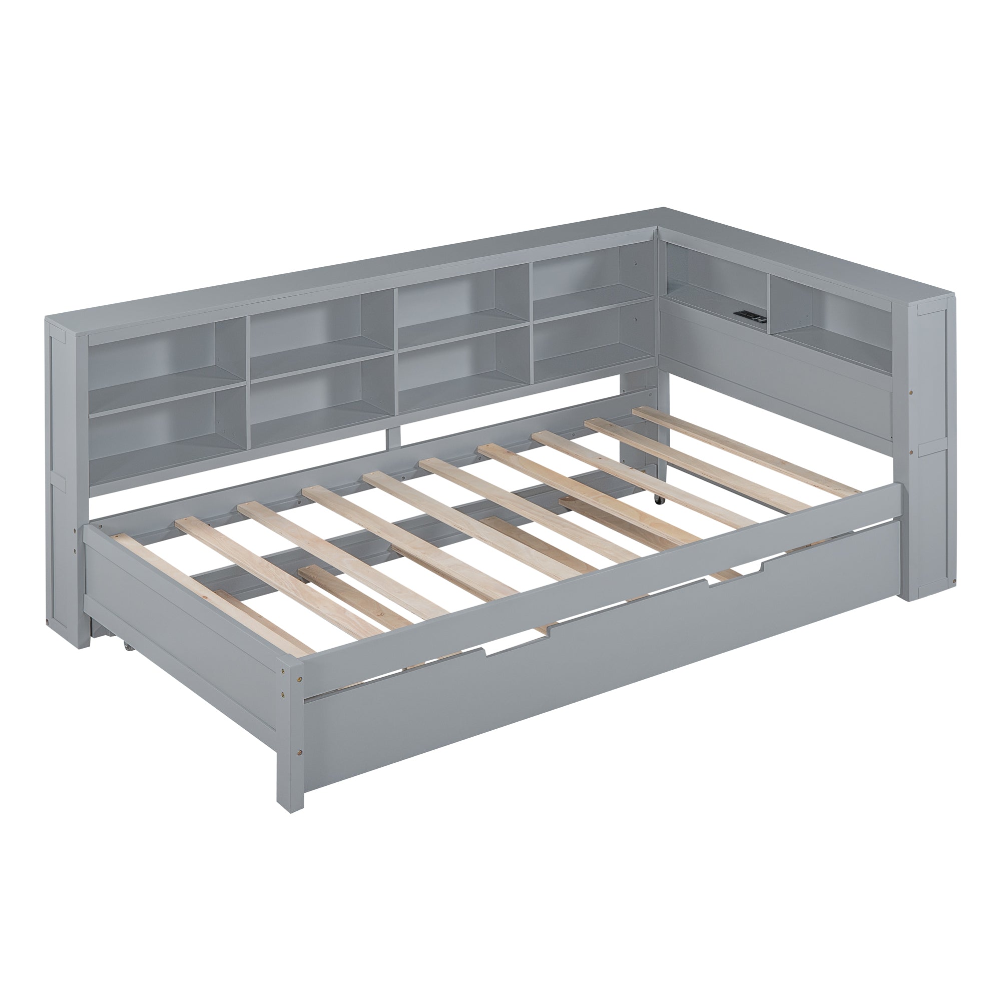 Wooden Twin Size DayBed with Twin Size Trundle, DayBed with Storage Shelf and USB Charging Ports,Grey