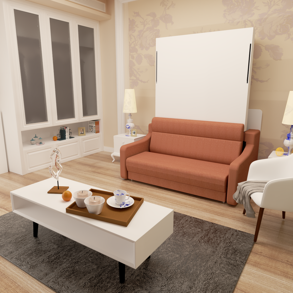 Full size Morden Deisgn vertical Murphy bed with sofa and drawers, white wall bed, space saving hidden bed with new gas pillars