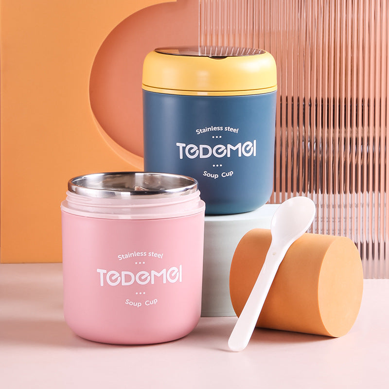 Japanese style simple sealed 304 stainless steel insulated breakfast cup with lid and spoon