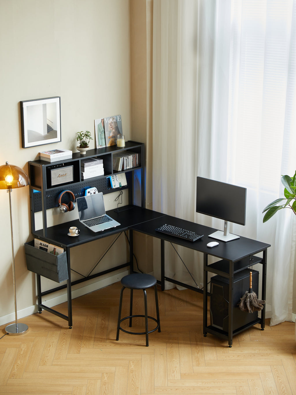 94.5 Inch Home Office Desk L shape gaming desk with LED storage Shelves METAL PANNEL and stool (BLACK)