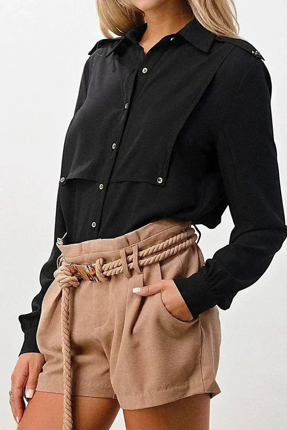 Oversized Military Blouse – Gold Button Long Sleeve Top | Femstylo