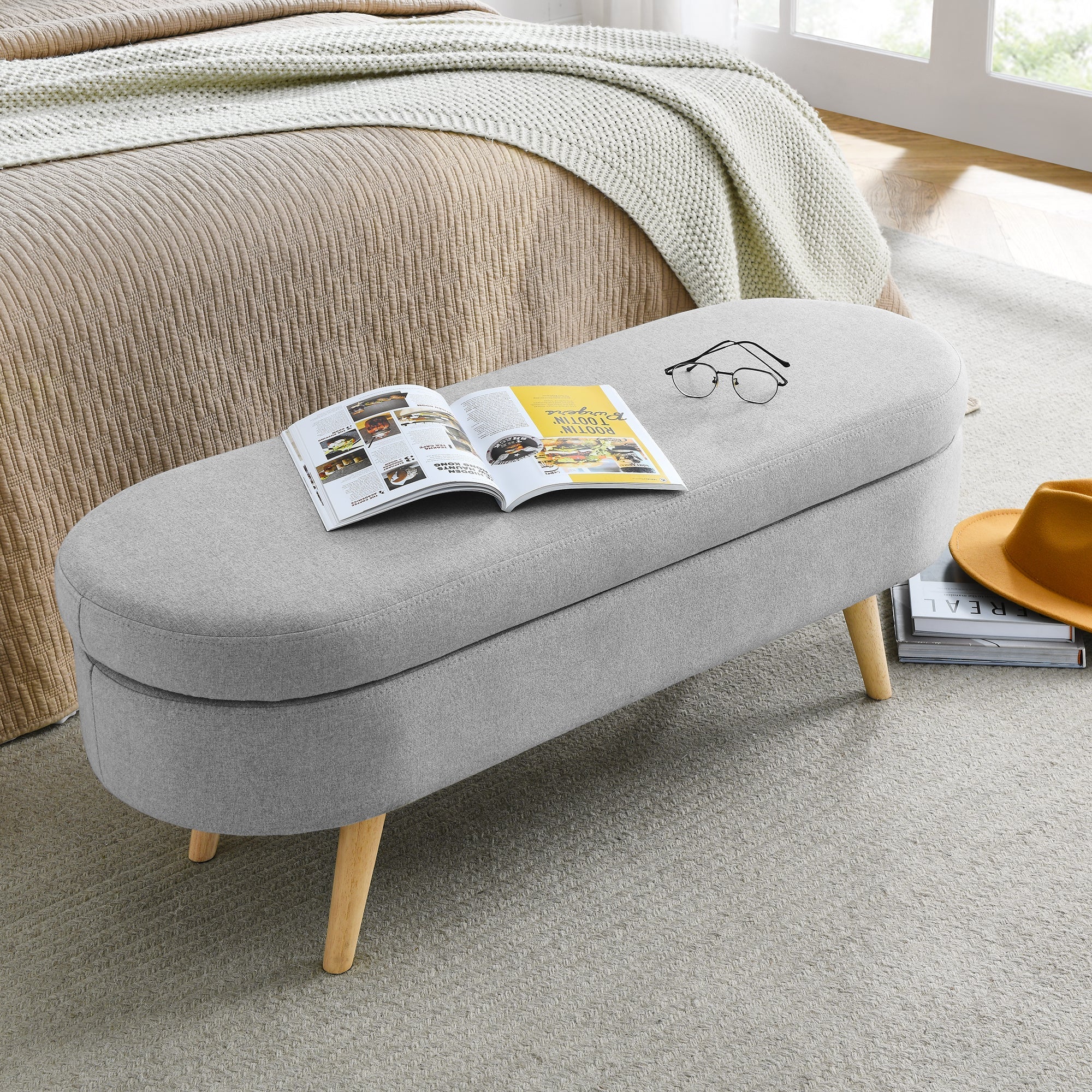 Ottoman Oval Storage Bench Rubber Wood Legs Grey(43.5"x16"x16")