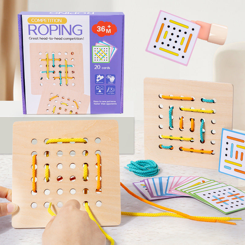 Montessori Early Education Children's Double Battle Pattern Rope Wearing Game Exercise Baby's Hand Eye Coordination Toy