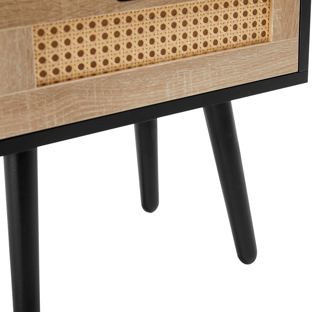 15.75" Rattan End table with drawer and solid wood legs Modern nightstand side table for living room black