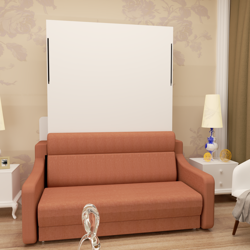 Full size Morden Deisgn vertical Murphy bed with sofa and drawers, white wall bed, space saving hidden bed with new gas pillars