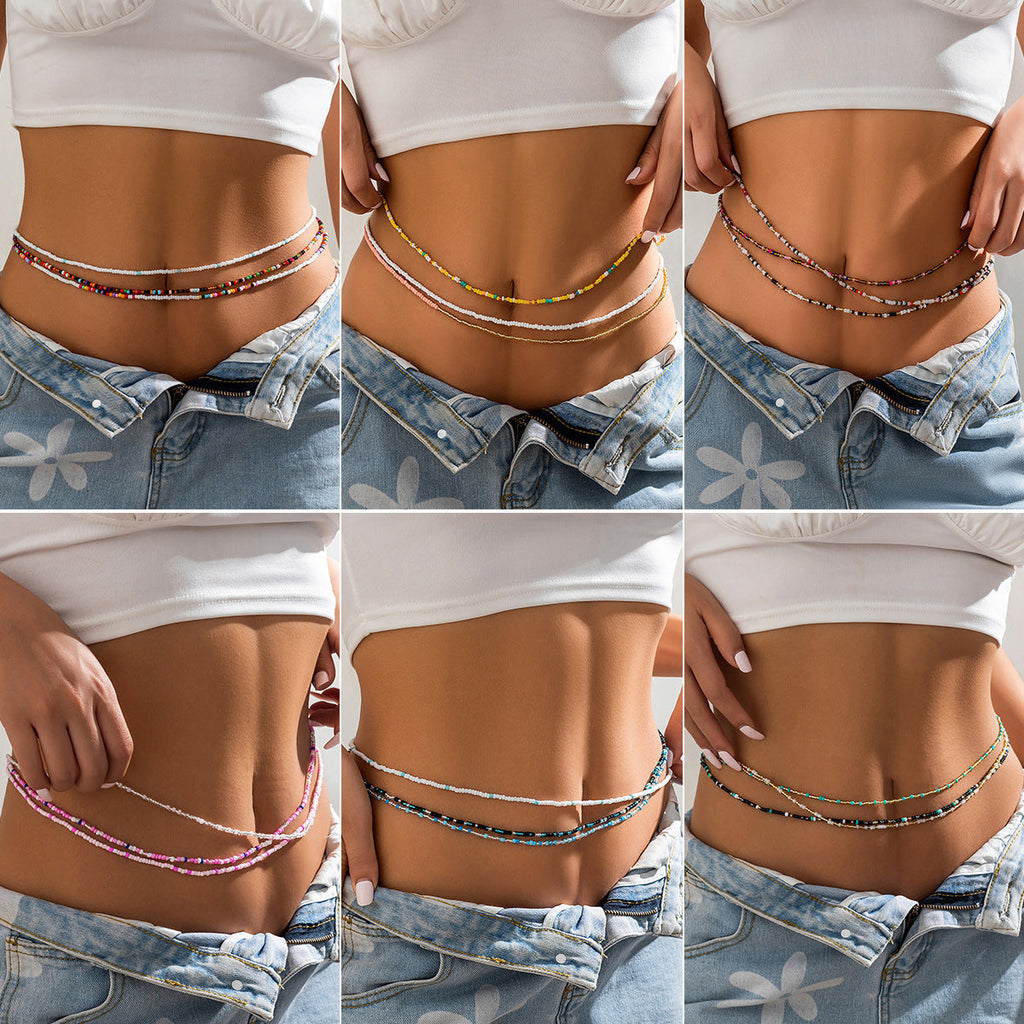 Summer beach rice bead double-layer waist chain waist chain ethnic style elastic bead waist accessory