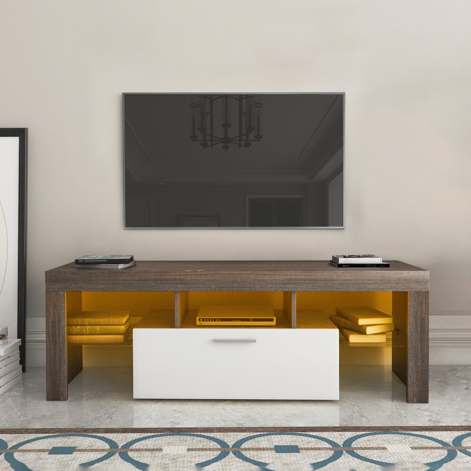 20 minutes quick assembly brown simple modern TV stand cabinet Brown + whiteTV bracket