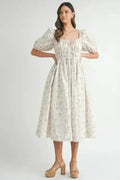 MABLE Floral Drawstring Detail Puff Sleeve Midi Dress