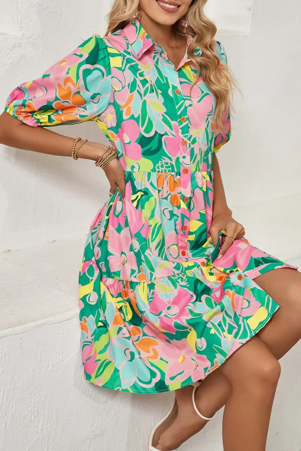 Green Floral Puff Sleeve Buttoned Babydoll Dress