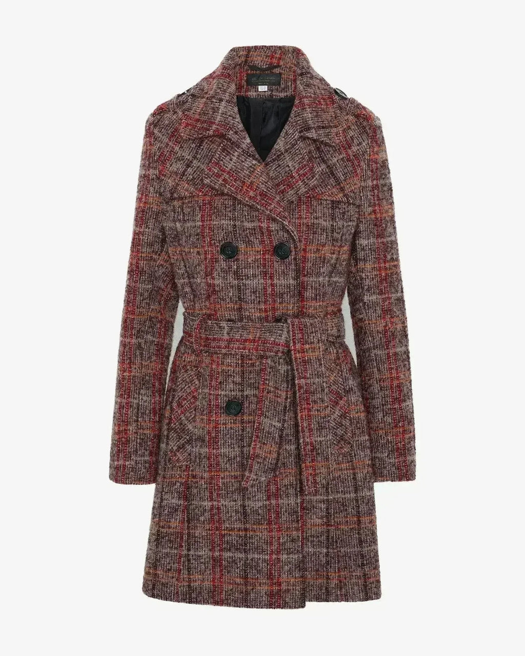 Wool Blend Check Double Breasted Military Coat