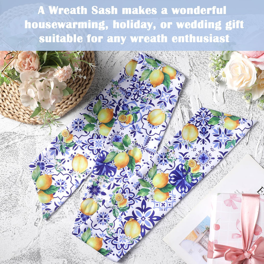 PartyforU Lemon Wreath Sash 60in Yellow-Blue 2 Pc Summer Door Decor
