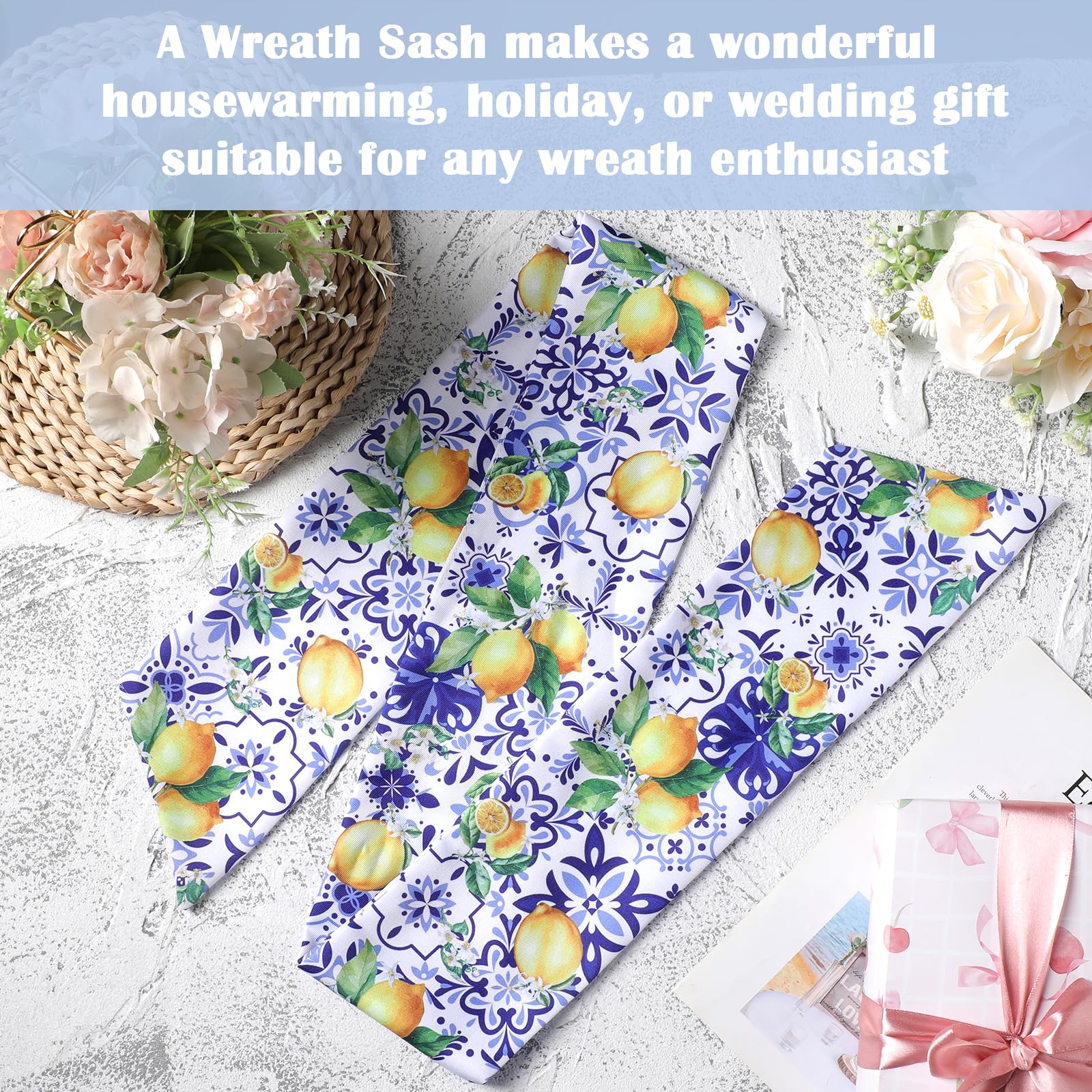 PartyforU Lemon Wreath Sash 60in Yellow-Blue 2 Pc Summer Door Decor