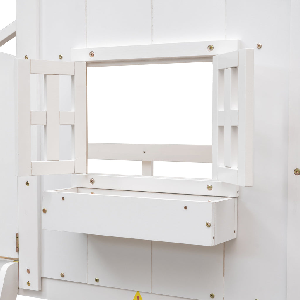 Twin over Twin House Bunk Bed with Roof , Window, Window Box, Door , with Safety Guardrails and Ladder,White