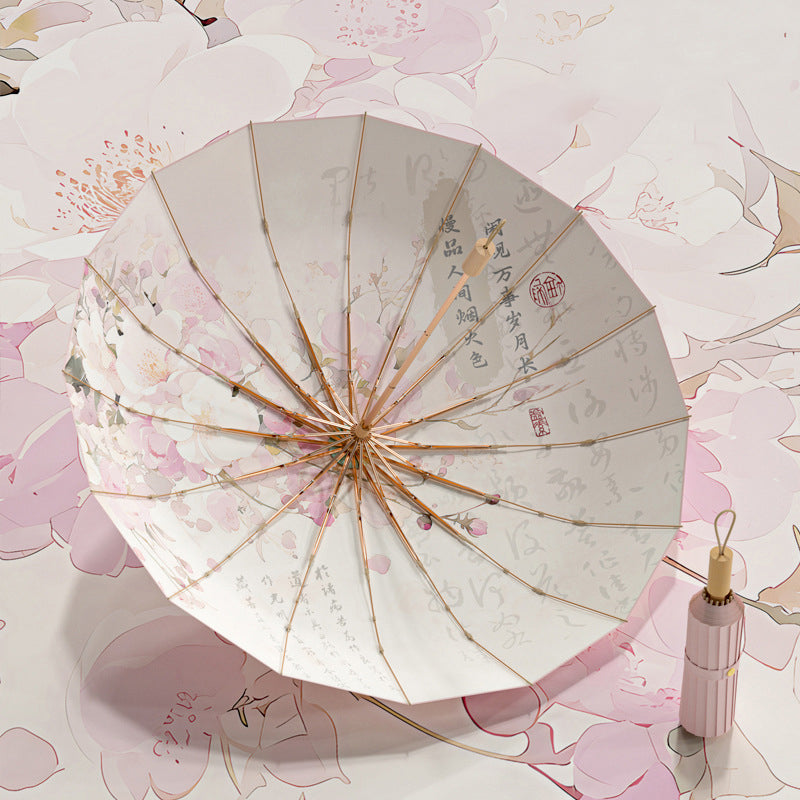 16-rib color rubber & gold aluminum alloy frame: new Chinese retro folding umbrella with sun protection and UV resistance.