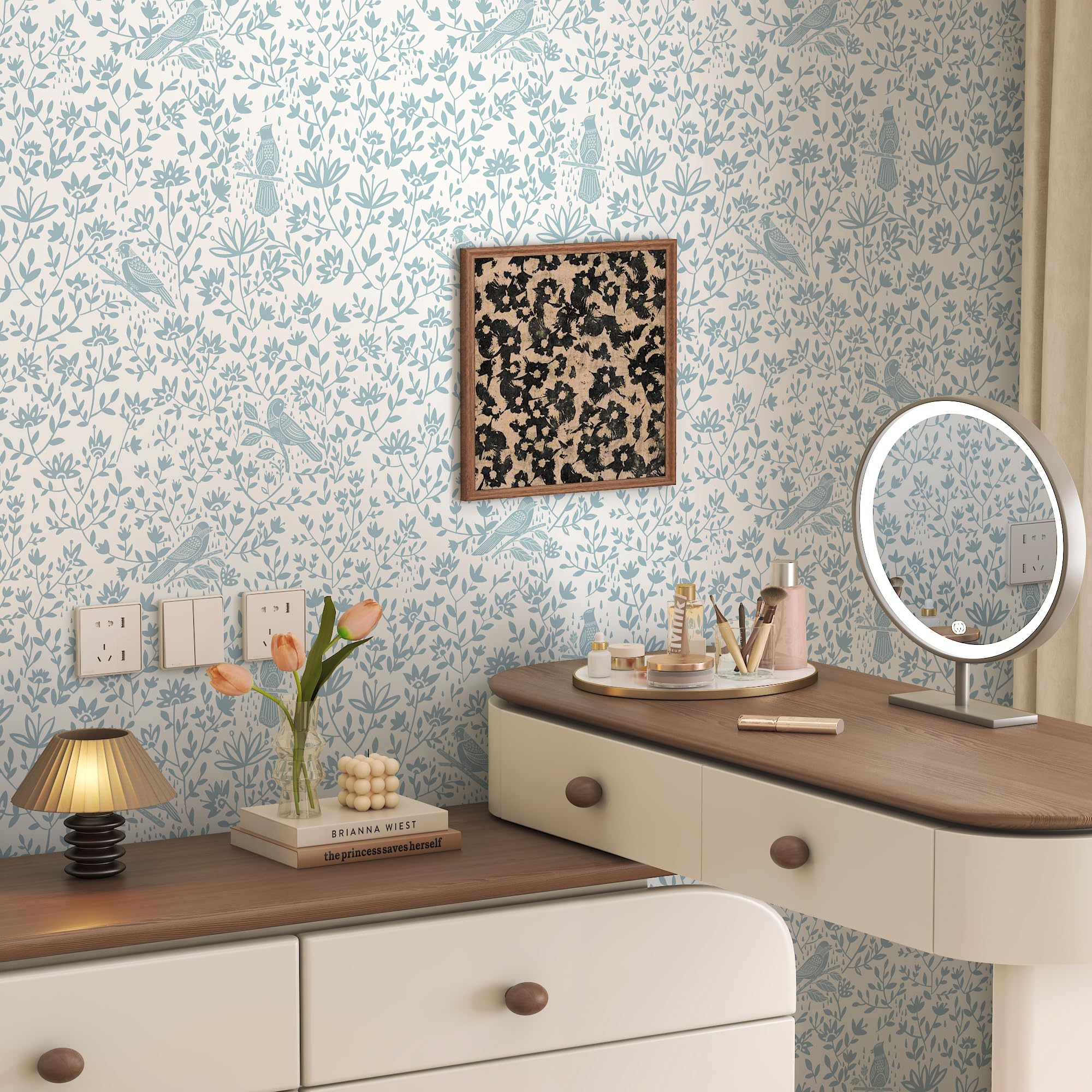 HELLKIT Peel Stick Wallpaper Blue Beige Bird 17.3x78.8in Vinyl Roll