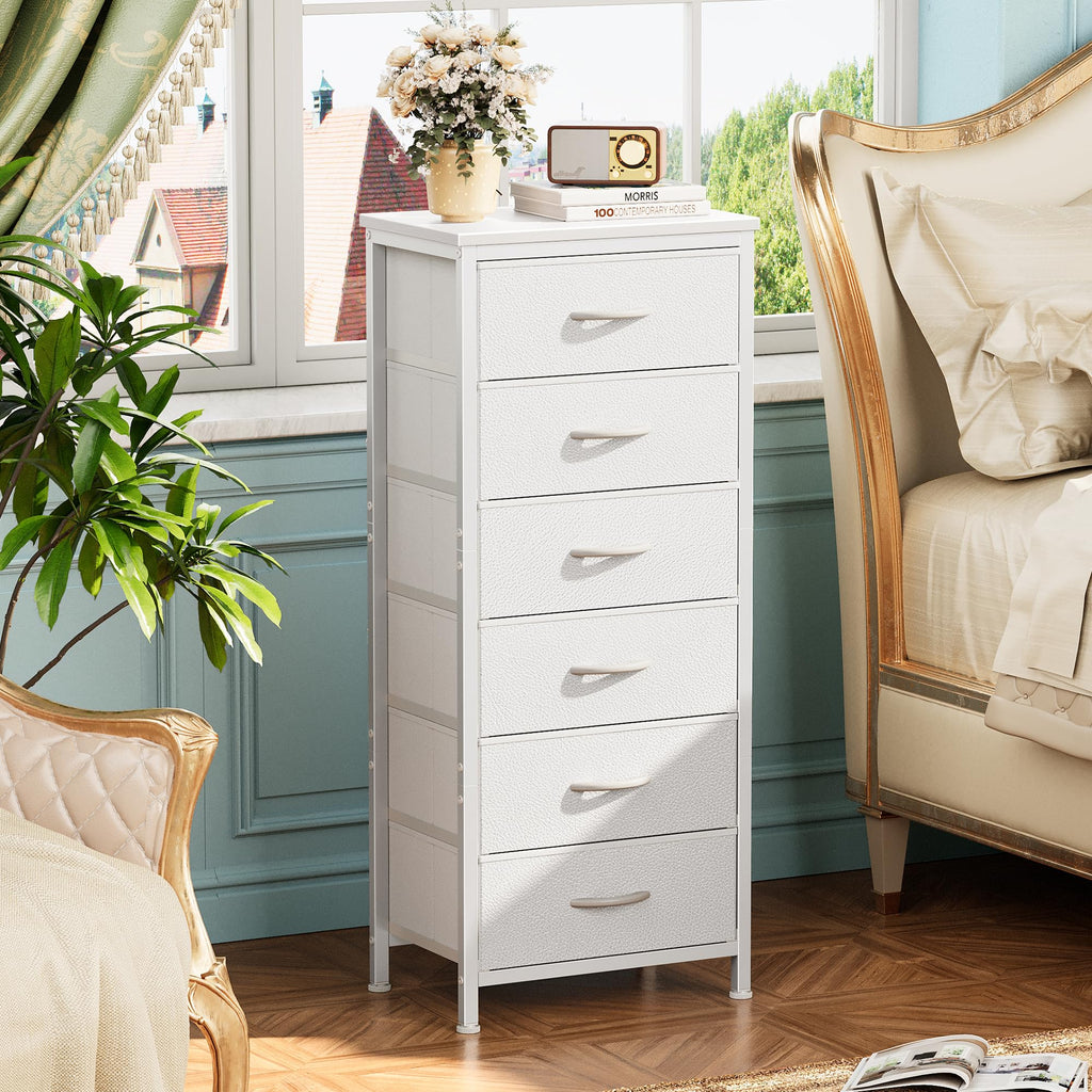 Huuger 43.3" 6 Drawer Fabric Dresser White Metal Frame Bedroom Storage