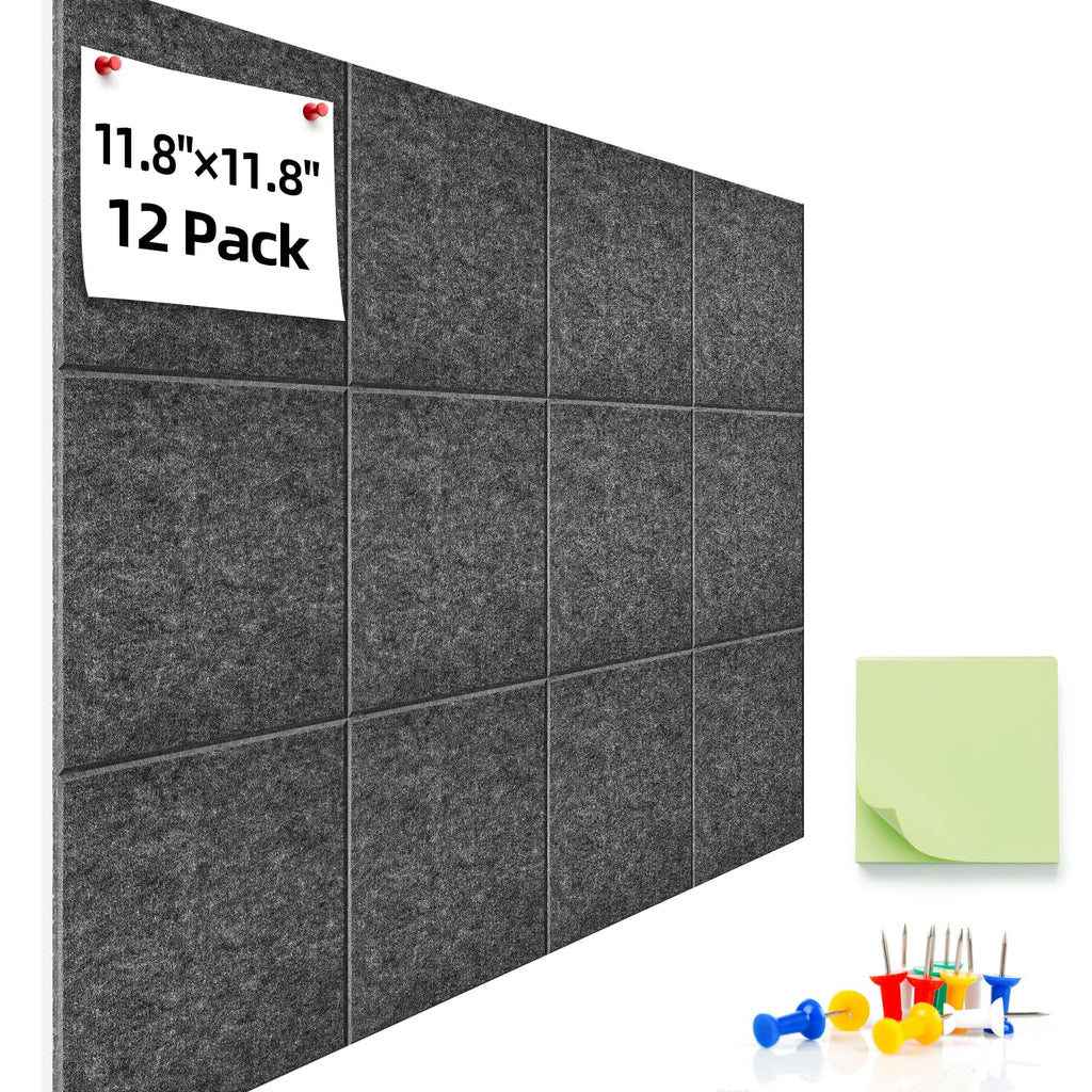 URMMIY Large Cork Board 12 Pack Felt Wall Tiles 47x35in Gray with Push Pins