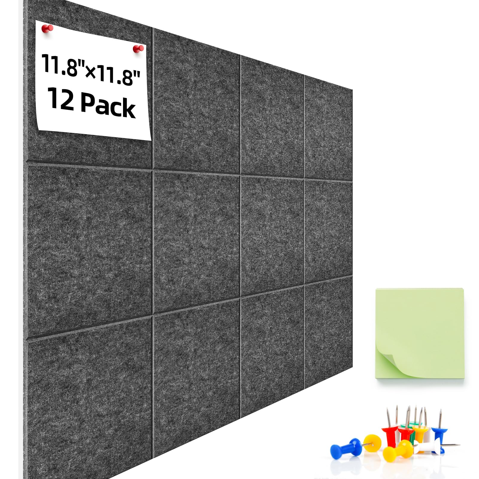 URMMIY Large Cork Board 12 Pack Felt Wall Tiles 47x35in Gray with Push Pins